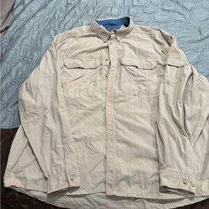 REI Shirt Mens 2XL Tan Nylon Button Down Collar Chest Pockets UPF50+